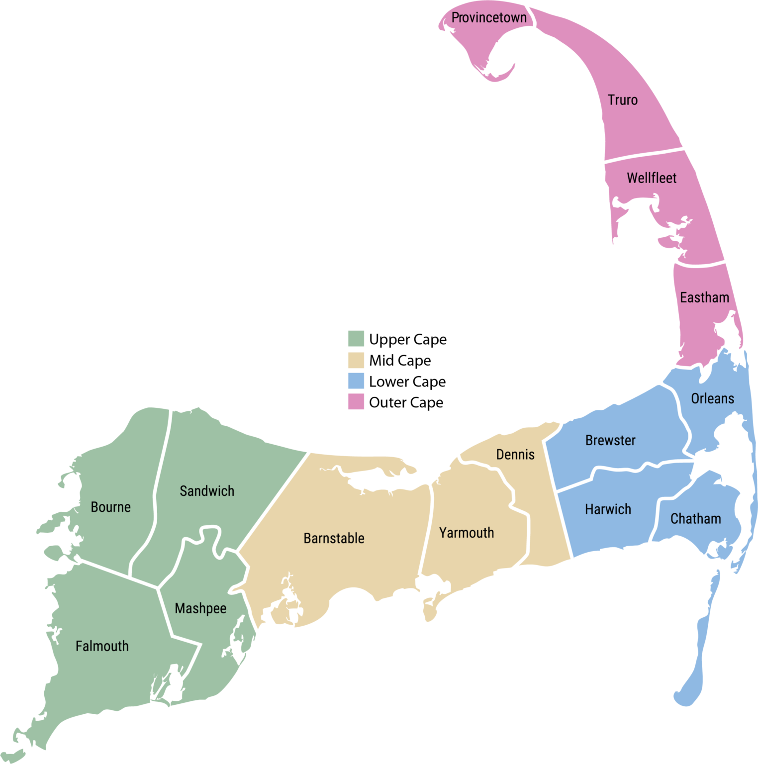 Map of Cape Cod showing the different regions
