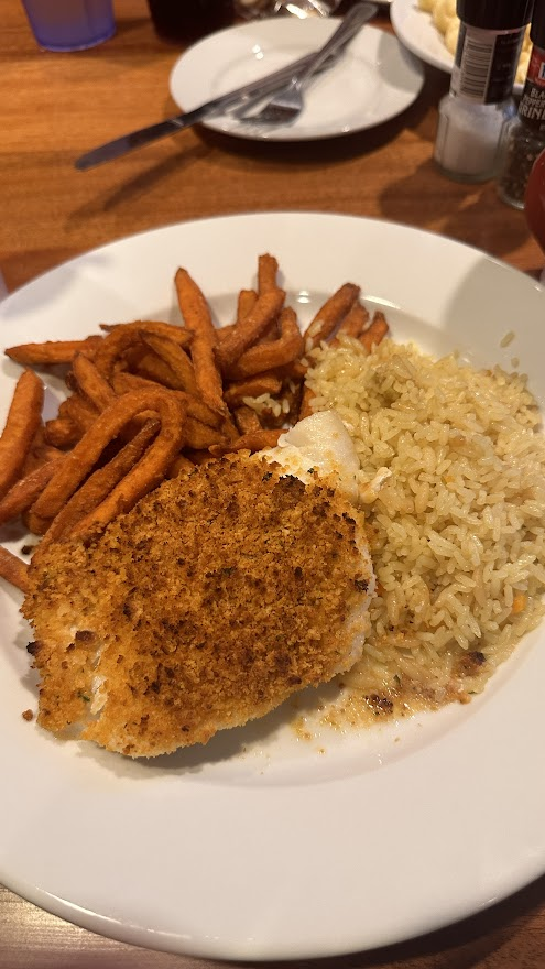 Baked cod with sweet potato fries and rice pilaf