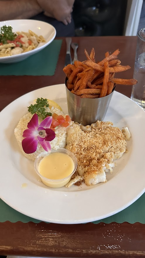 Baked cod with sweet potato fries and risotto